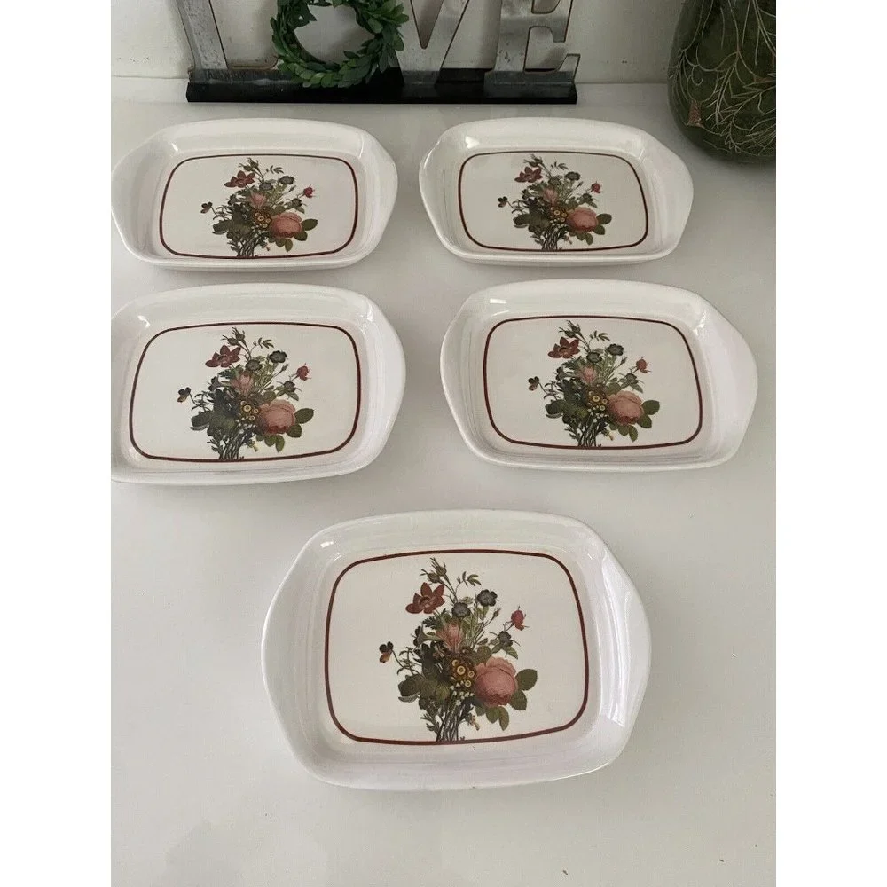 Vintage Set of Five 5 Mini Trays Or Plates Flowered Ceramic Glass  7